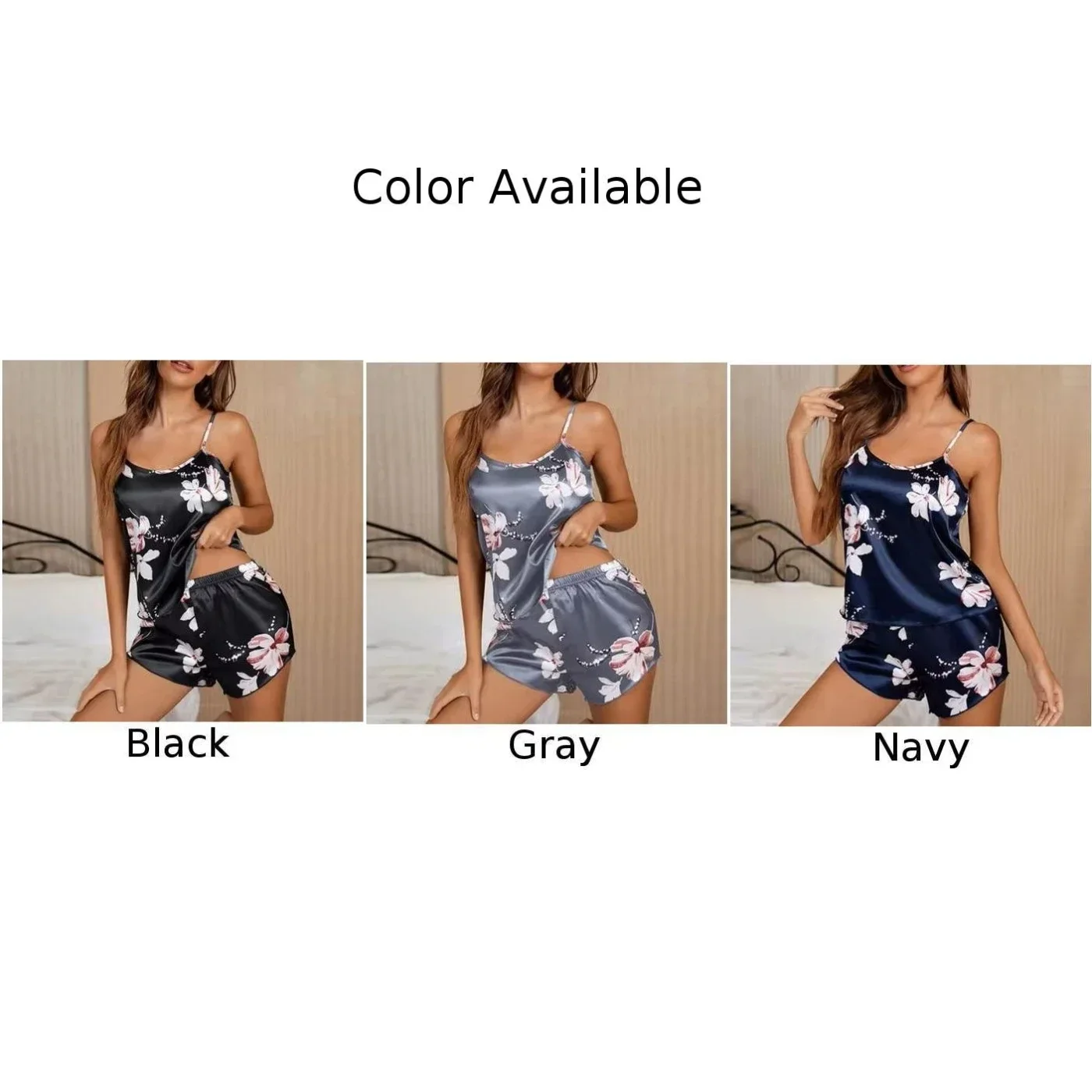 Women\'s Sexy Suspender Printed Vest Sleepwear Satin Short Camisole Shorts Set Soft Nightwear Lingerie Pajamas Female Sleepwear