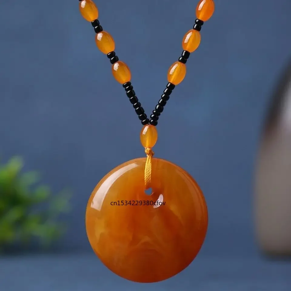 Chinese Yellow Beeswax Water Drop Flowers Gourd Leaves Amber Pendant Necklace Men Women Mala Meditation Jewelry Sweater Chain