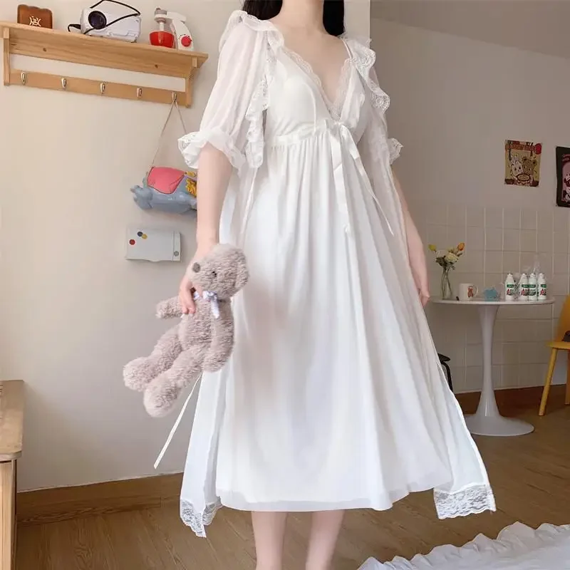 M-4XL Nightgown Women Sweet Lovely Sleepwear White Nightgown Spring Autumn Leisure Fashion Vintage Sleepwear Dresses