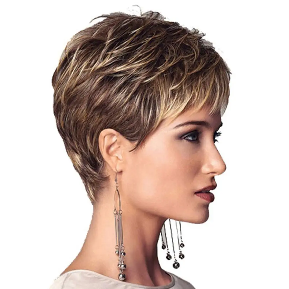 

Women Golden Brown Pixie Short Curly Hair High Temperature Fiber Synthetic Wigs Pelucas Hair Daily Party Use