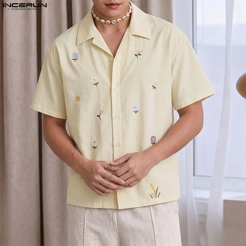 INCERUN Men's Shirt Summer Flower Embroidery Lapel Short Sleeve Men Clothes Streetwear Loose Korean Style Casual Tops For Man