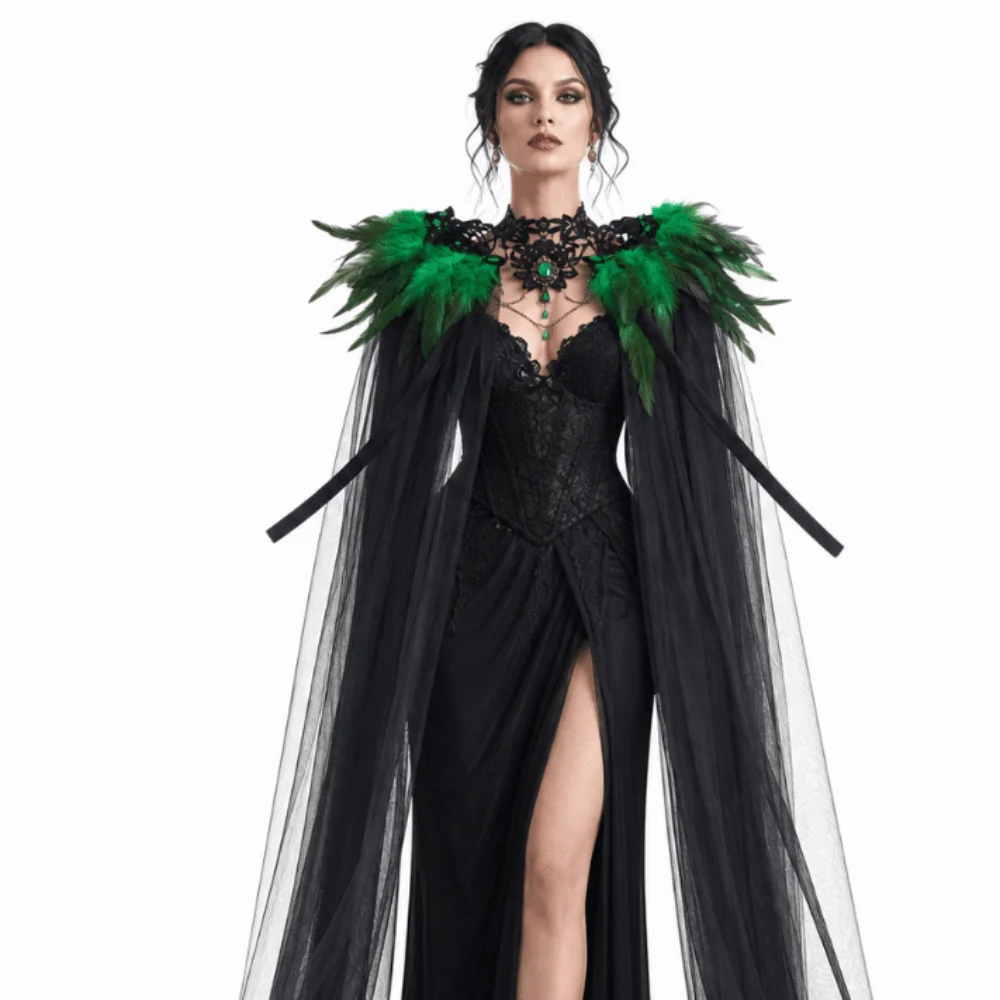 Black Halloween Feather Cloak Fur Collar Mesh Fringe Hollow Lace Mesh Cape Flowing Elegant Festival Costume Cape Dance Cloaks