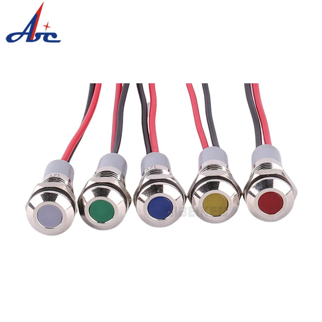 20PCS 8MM Flat Head LED Metal Indicator Light Flat Head 3-6V/12-24V/110V/220V Industrial Signal Pilot Lamp with 150MM Cable