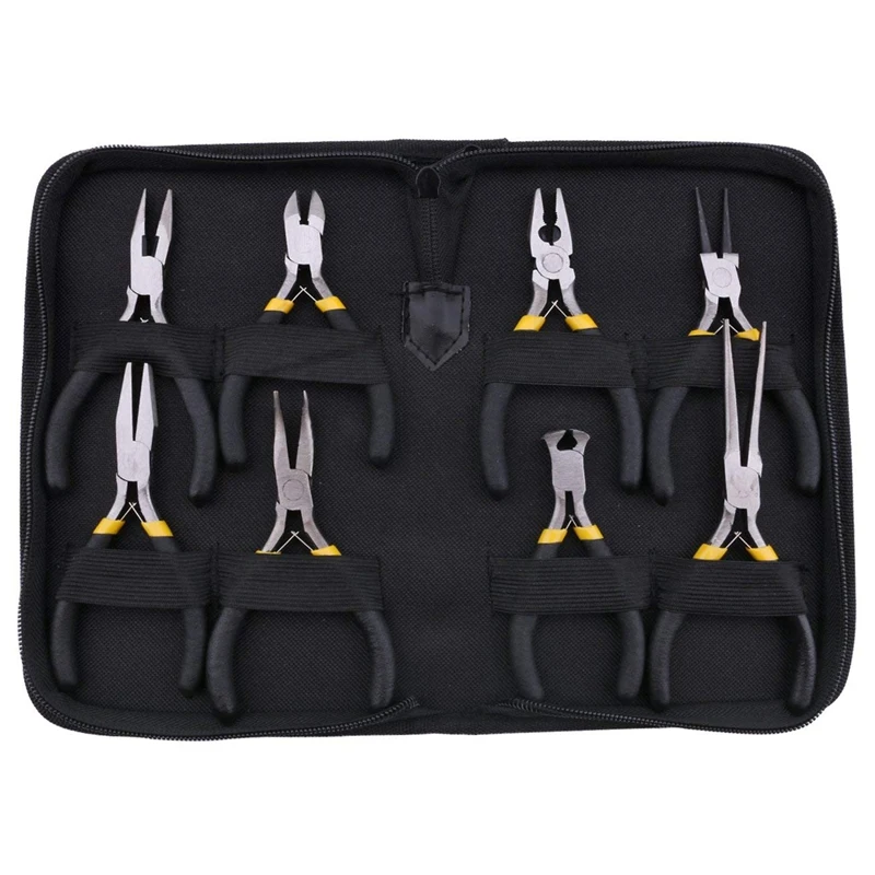 BMBY-8Pcs Mini Pliers Set, Long Nose With Teeth, Flat Jaw, Round Curve Needle Diagonal Nose Wire End Cutting Cutter Linesman Pli