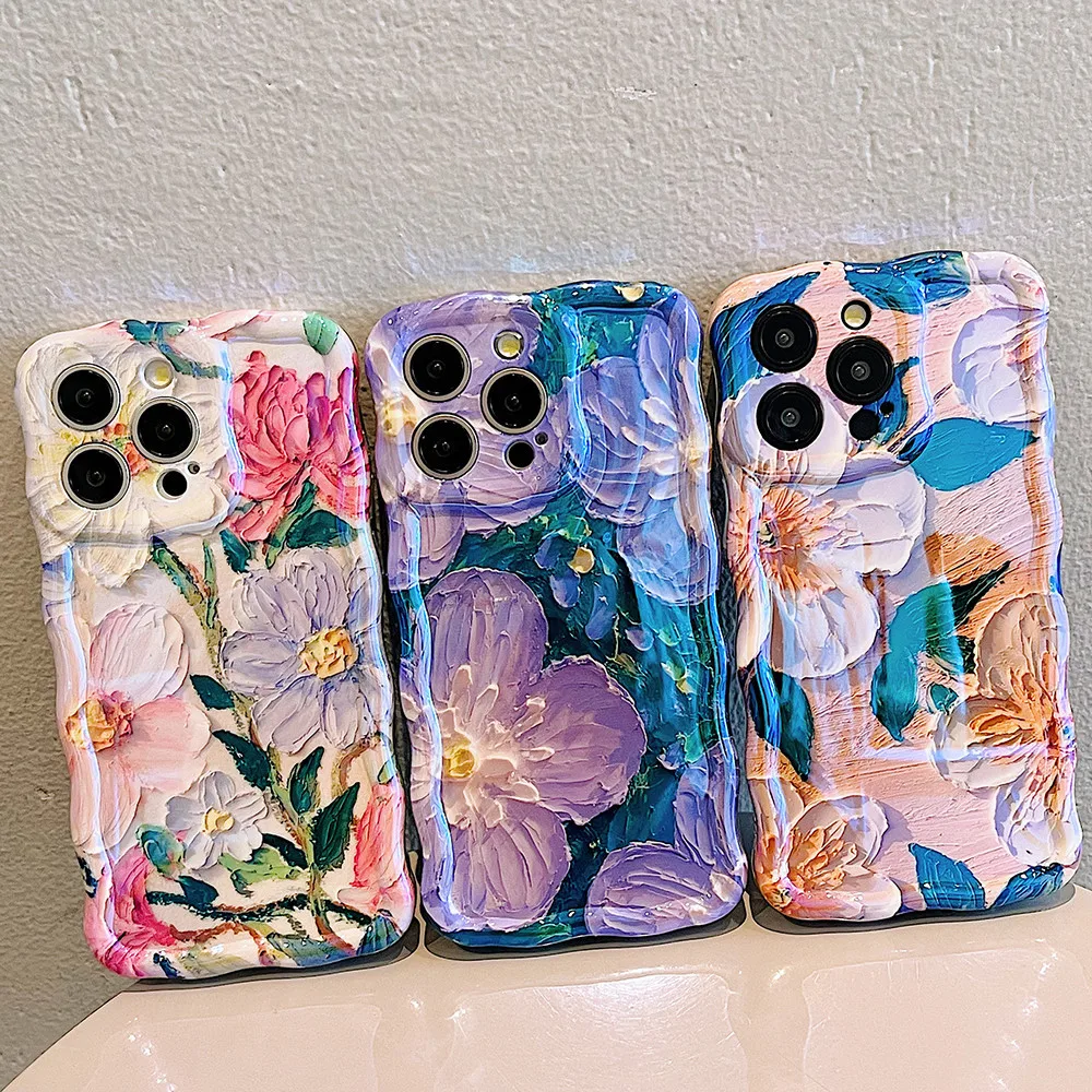 Oil Painting Flowers Phone Case For iPhone 11 12 13 14 15 Pro Max 12promax 15pro Soft IMD Shockproof Bumper Wavy Frame Cover