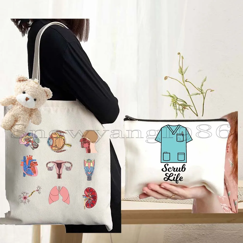 3PCS Medical Nurse Scrub Life Stethoscope Nursing Funny Human Anatomy Ambulance Organs Heart Medicine Canvas Tote Bag Handbag