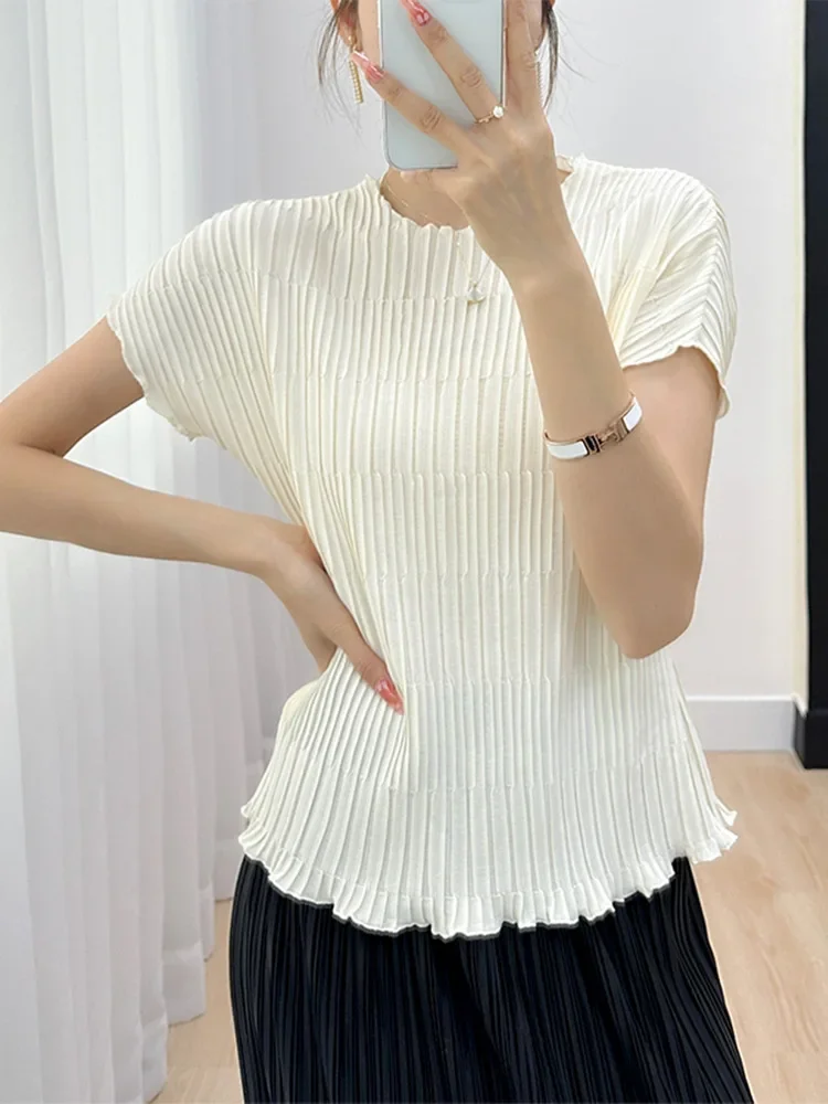 

Miyake Pleated Small Tops 2024 Summer New Style Jacquard Short-sleeved T-shirt Stretch Slim Round Neck Pleated Tops for Women