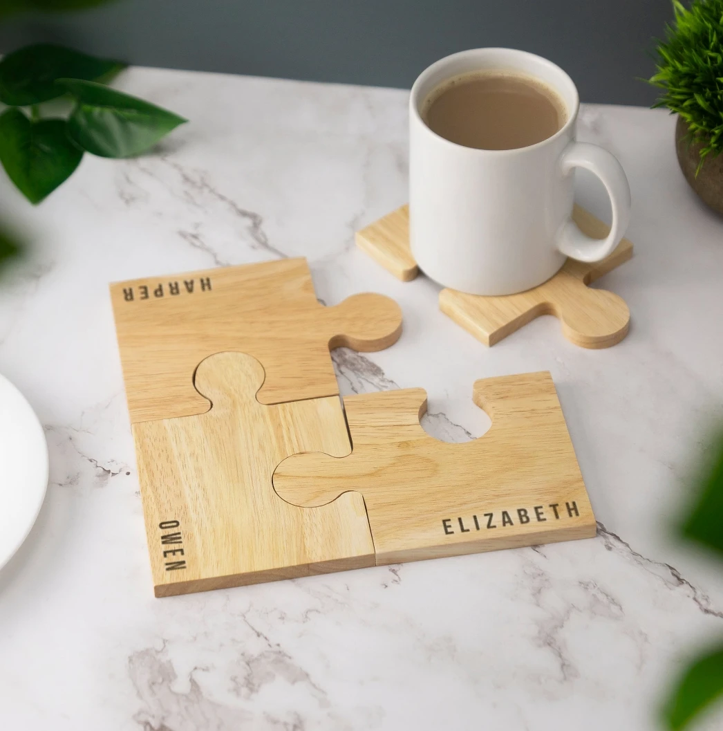 Cusomized Wood Puzzle Coaster Cup Pad Personalized Wood Coaster Housewarming Gift Family Christmas Gift Wooden Jigsaw Engraved