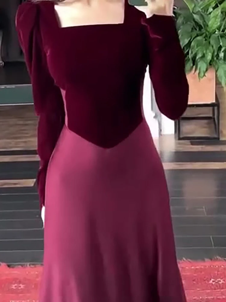 Fall Bandage Slim Dress Vintage Elegant Color Blocked Long Sleeve Dress Temperament Square Collar High Waist Satin Evening Dress