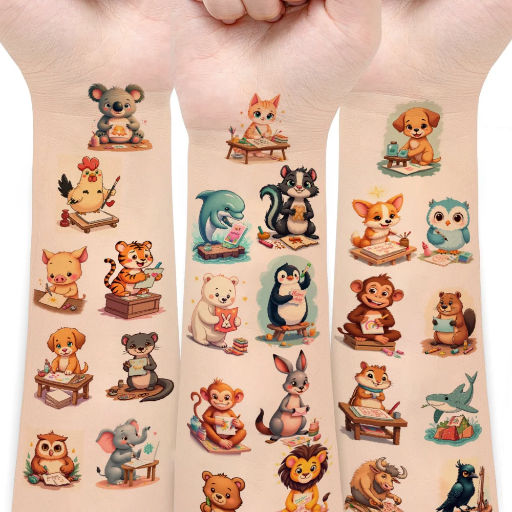 

54 шт., временные татуировки, детские наклейки, временные татуировки, наклейки с животными, водонепроницаемые долговечные наклейки для тела для щек