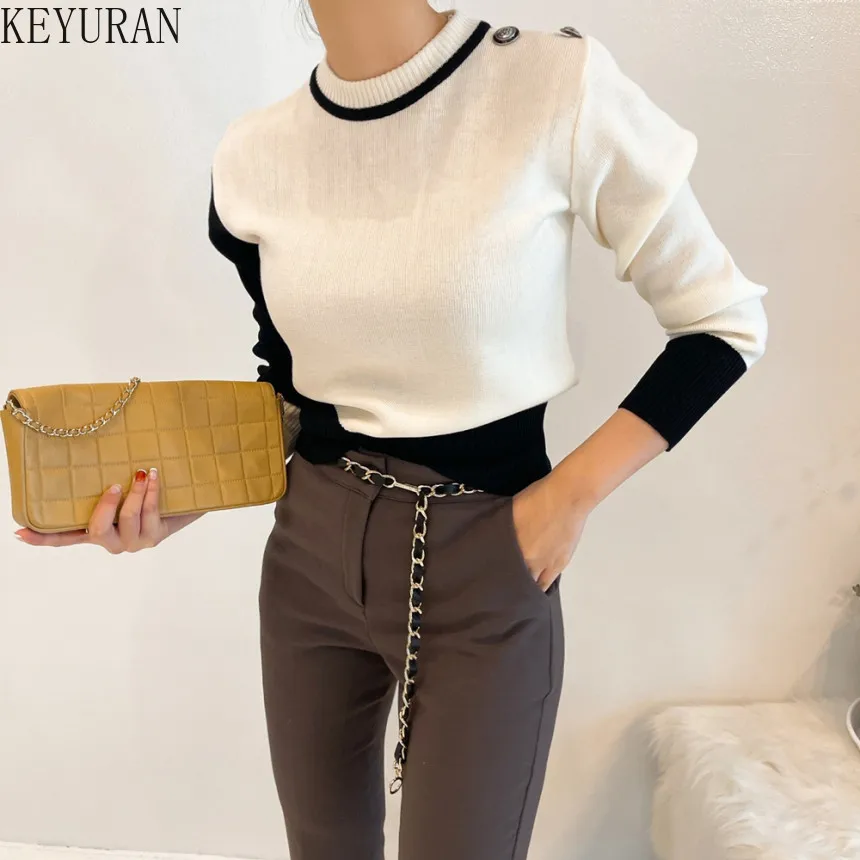 Autumn Winter Woman\'s Sweaters Fashion Color-blocked Patchwork O-Neck Casual Long Sleeve Female Pullover Knitted Tops Clothing