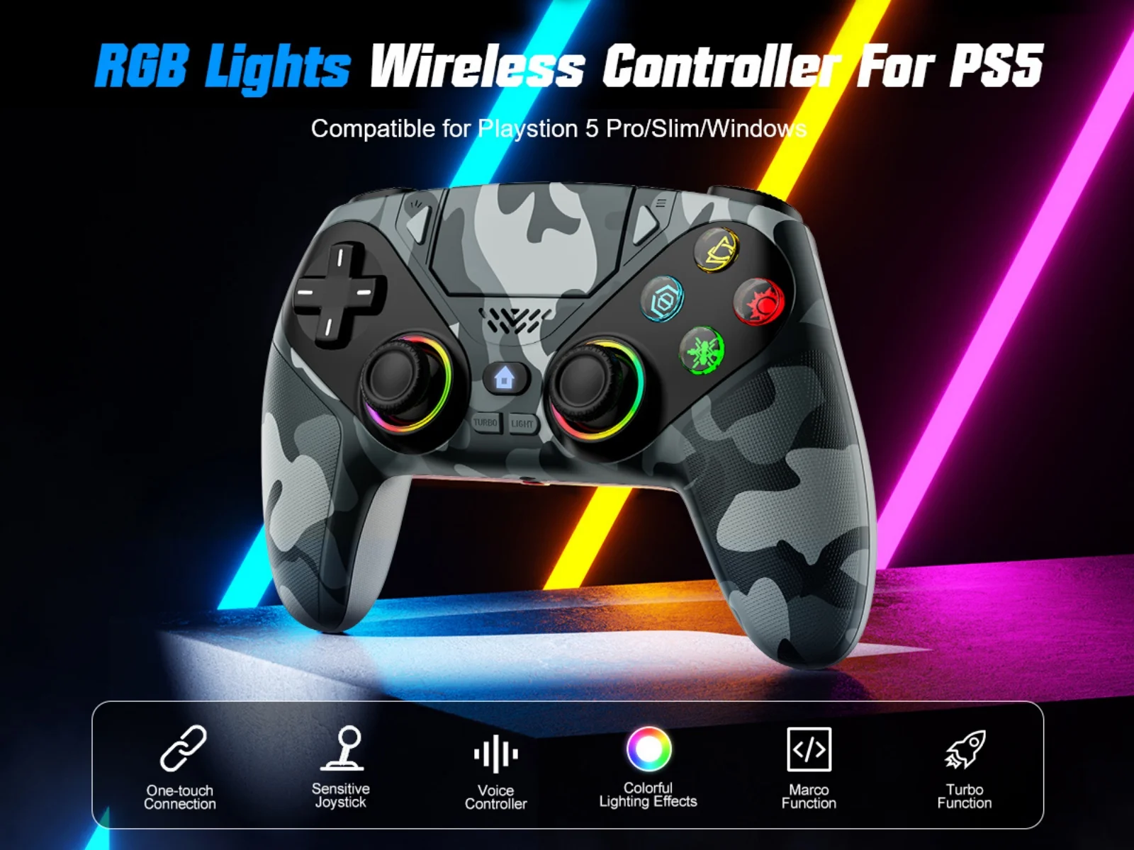Controller für PS5/PlayStation 5 Pro/Slim/PC, kabellose Gamepads, RGB-Hall-Effekt, kein Drift, Spiel-Joystick mit Dual-Vibration, Marco/Turbo-Funktion – Detail 25