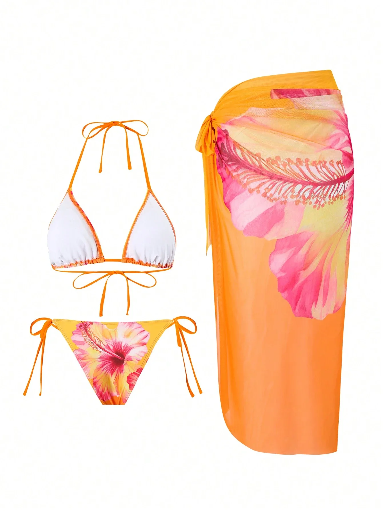 

3 Piece Women Floral Print Bikini Set With Mesh Wrap Skirt Bohemian Beach Outfit