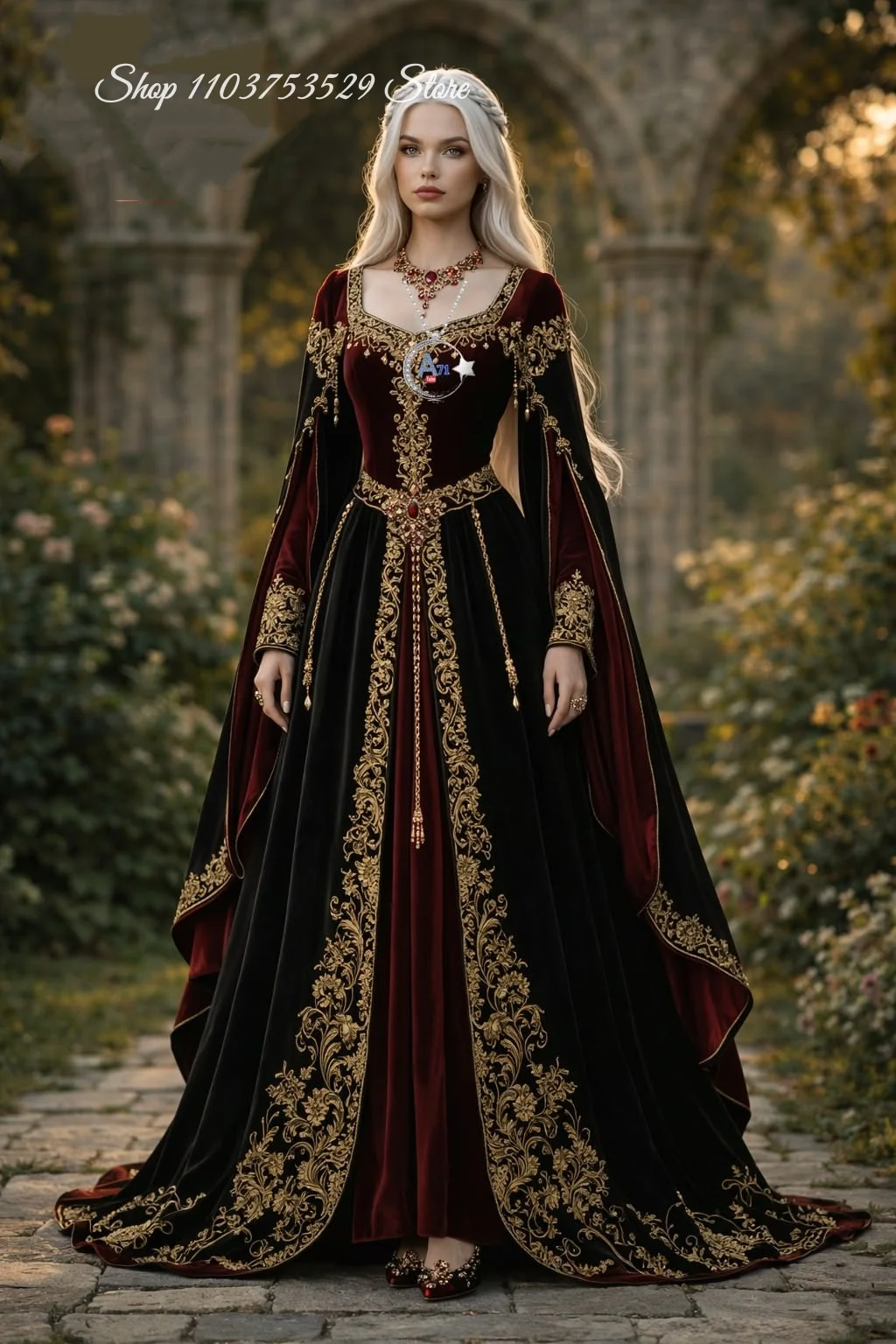 Customized Burgundy Velvet Gold-Thread Embroidered Medieval Ball Gown Fantasy Stage Play Costume Halloween Elf Costume 2026