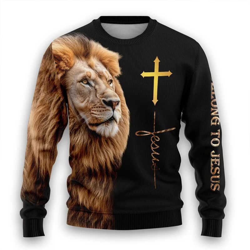 

Fashion Cross Lion Graphic 3D Printed Men's Hoodless Sweatshirt God Jesus Christmas Style Tops Autumn Casual Thin O-neck Hoodies
