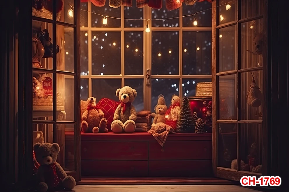 Photography Background Winter Christmas White Bear Window Xmas Kids Family Holiday Portrait Decor Backdrop Photo Studio