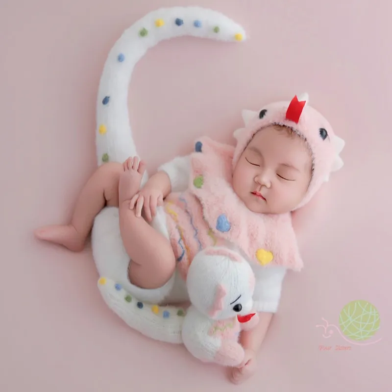 ❤️Newborn Photography Clothing Pink Snake Hat+Jumpsuit+Tail+Doll 4Pcs/Set Studio Baby Photo Props Accessories Clothes Outfits