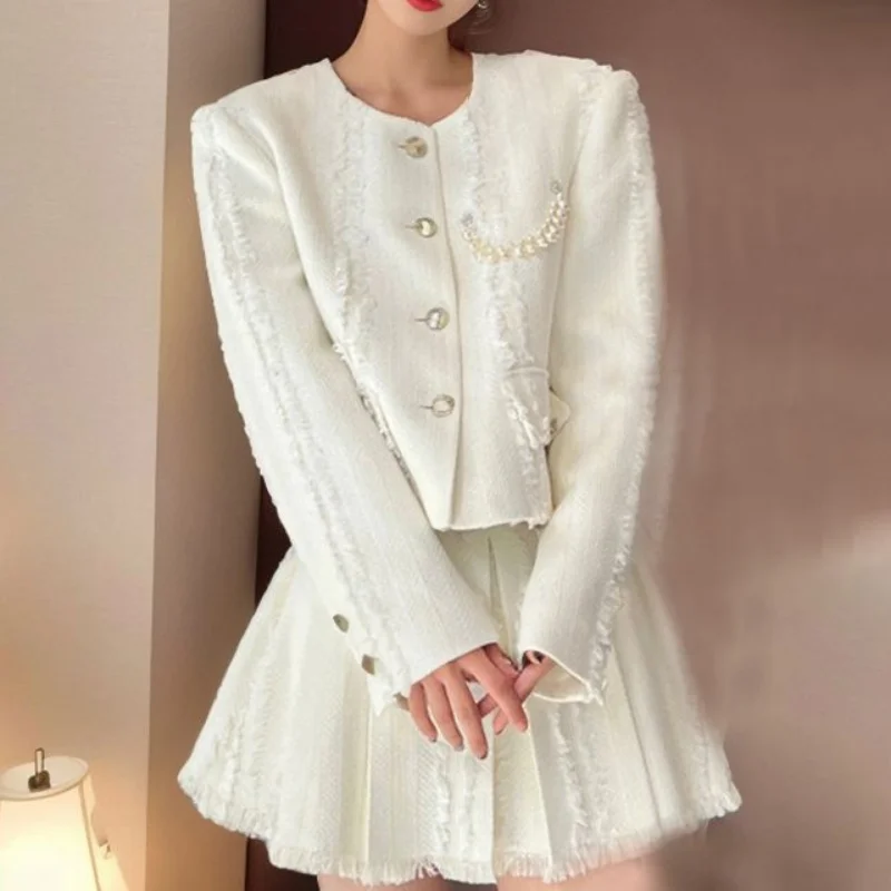 Small Fragrance Fashion White Women Outfit  Autumn Long Sleeve Loose Coat + High Waist Pleated Skirt Suit Korea Two-piece Set