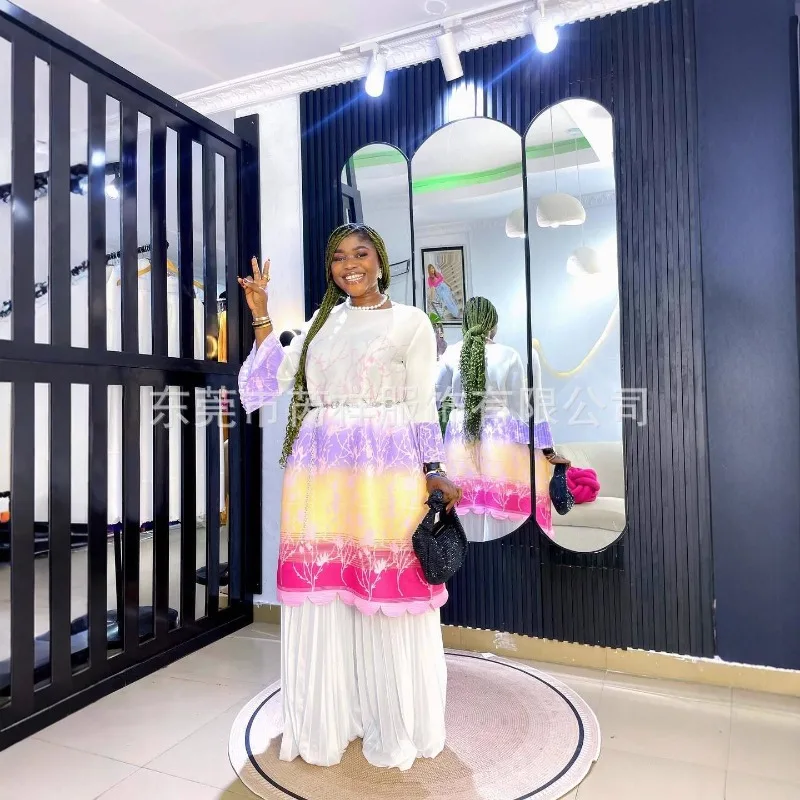 미야케 플리츠 팬츠 수트 2025 가을 신상 그라데이션 컬러 플러스 사이즈 루즈핏 캐주얼 투피스 수트 이브닝 드레스