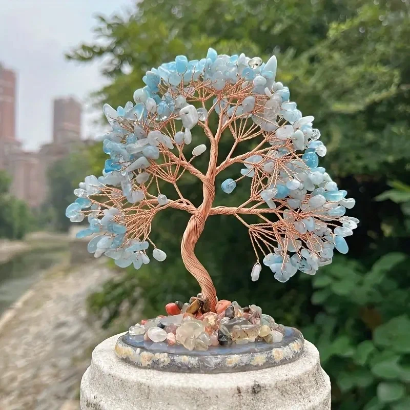 Arbre d'argent aigue-marine en pierre brute de cristal, décorations en cristal exquises pour la maison, le bureau, cadeaux de vacances