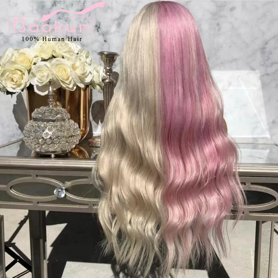 13x4 Half Blue Blonde 613 Human Hair Wig Pre Plucked Pink 360 Body Wave Lace Front Wig HD Glueless Human Hair Lace Frontal Wig