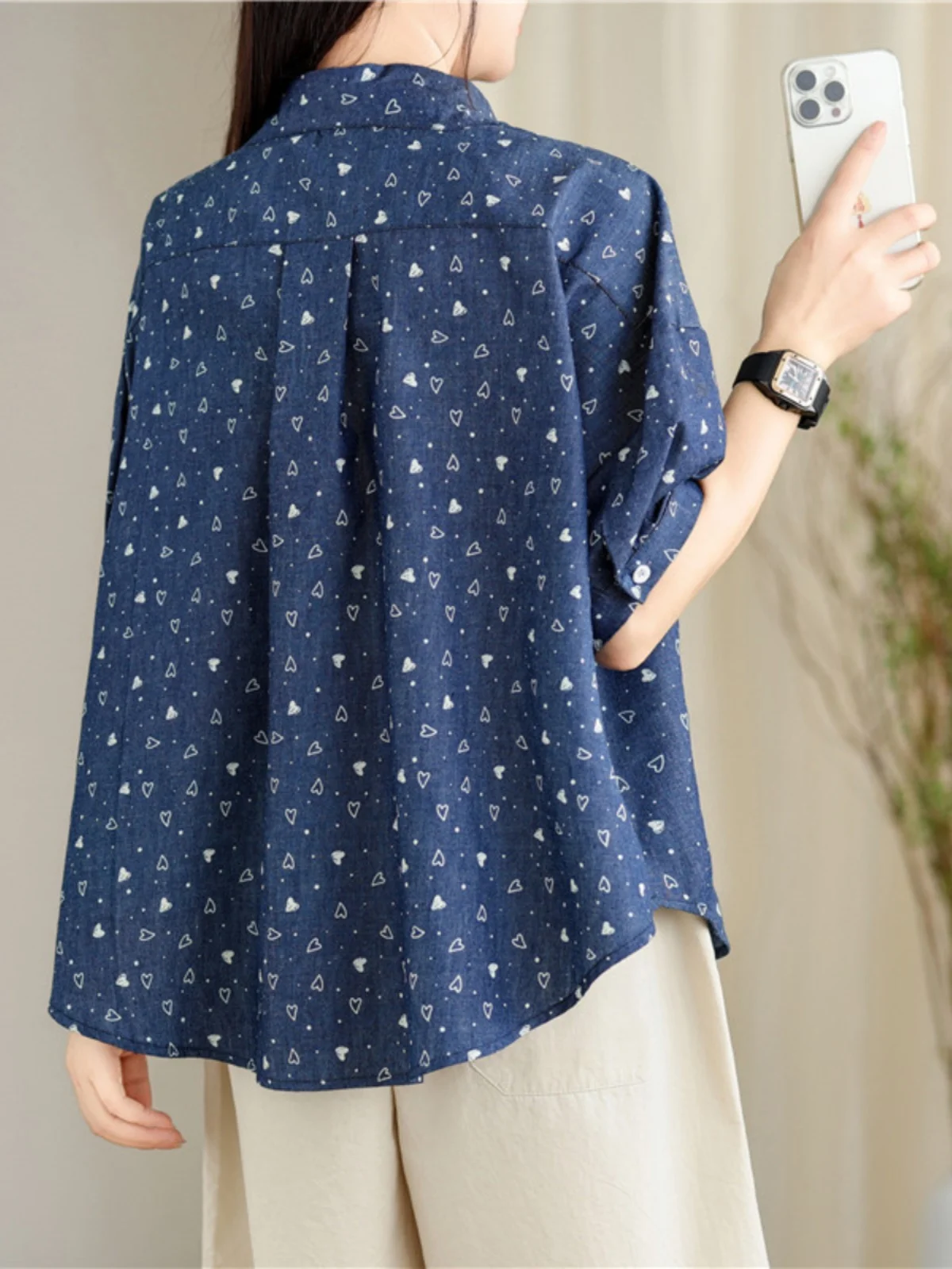 Csa casual solta de verão estilo coreano denim estampado vintage harajuku sabor hong kong f gola  manga curta
