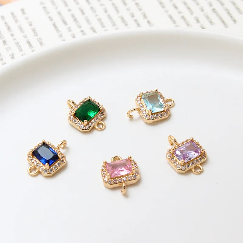 6pcs Copper Plated Gold Micro-inset Zircon Pendant Diy Jewelry Rectangular Double Hanging Earrings Connection Accessories