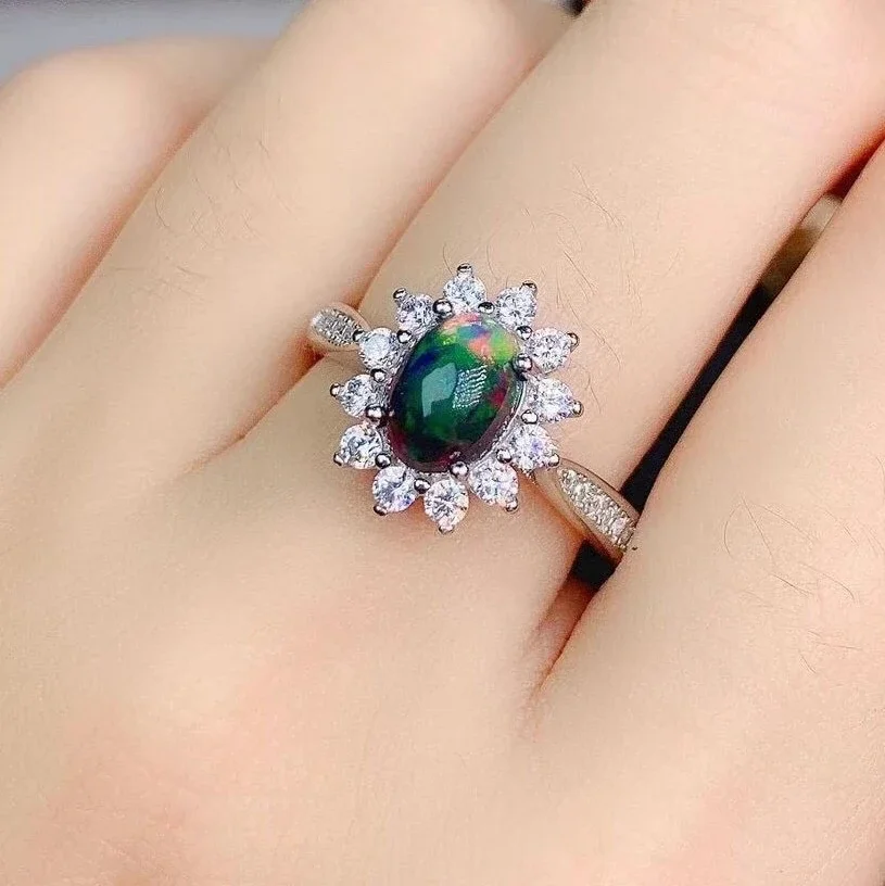 Black Natural Opal Gemstone Fashion Sunflower Ring Women's Genuine Sterling Silver Charm Exquisite Wedding Jewelry