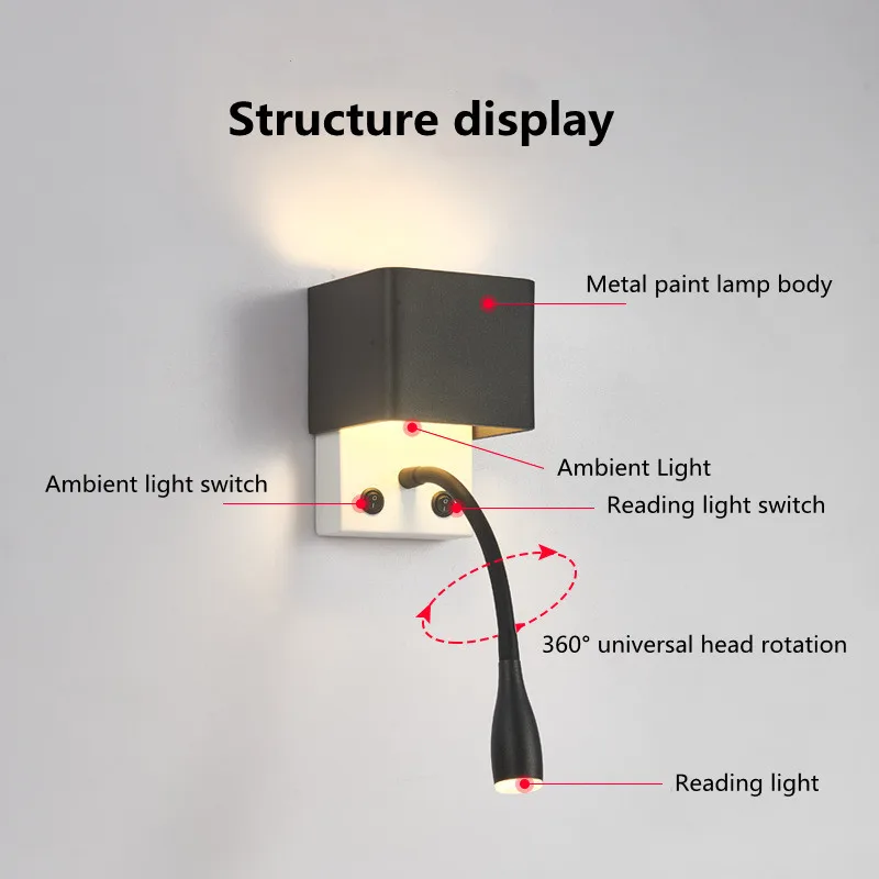 Imagem -05 - Lâmpada de Parede de Leitura Cabeceira Quarto Estudo Quarto Interruptor Atmosfera Decorar Luz Parede Hotel Mangueira Proteção para os Olhos Lâmpada de Parede