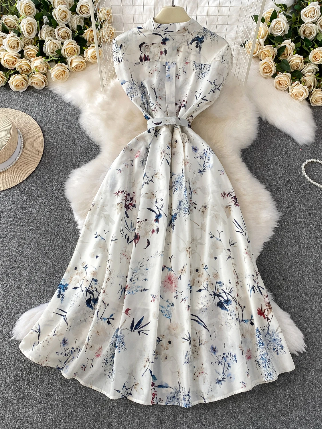 فستان قميص بياقة مطوية وطباعة أوراق الخيزران بتصميم عتيق، فستان صيفي طويل بزر واحد وقصة ضيقة على شكل حرف A للنساء