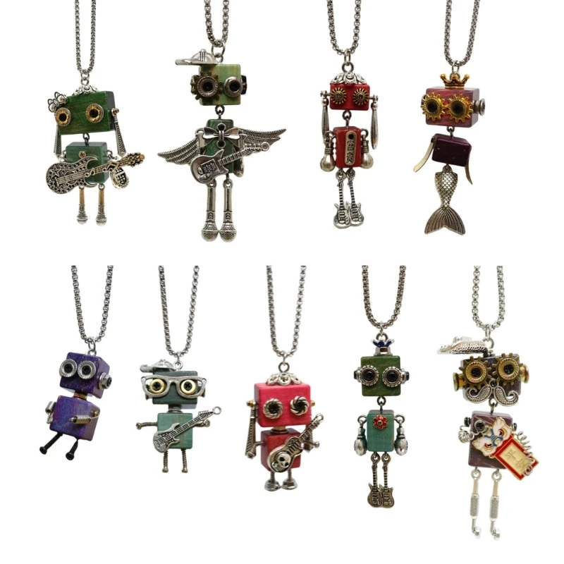 

Wooden Robot Pendant Necklace Stylish Collarbone Chain DIY Block Neckchain Jewelry Eye Catching Accessories 3XUA