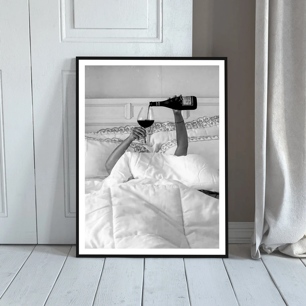 Black White Fashion Woman Drinking Wine in Bed Poster Canvas Painting Keep Em Coming Prints Wall Art Pictures for Bedroom Decor