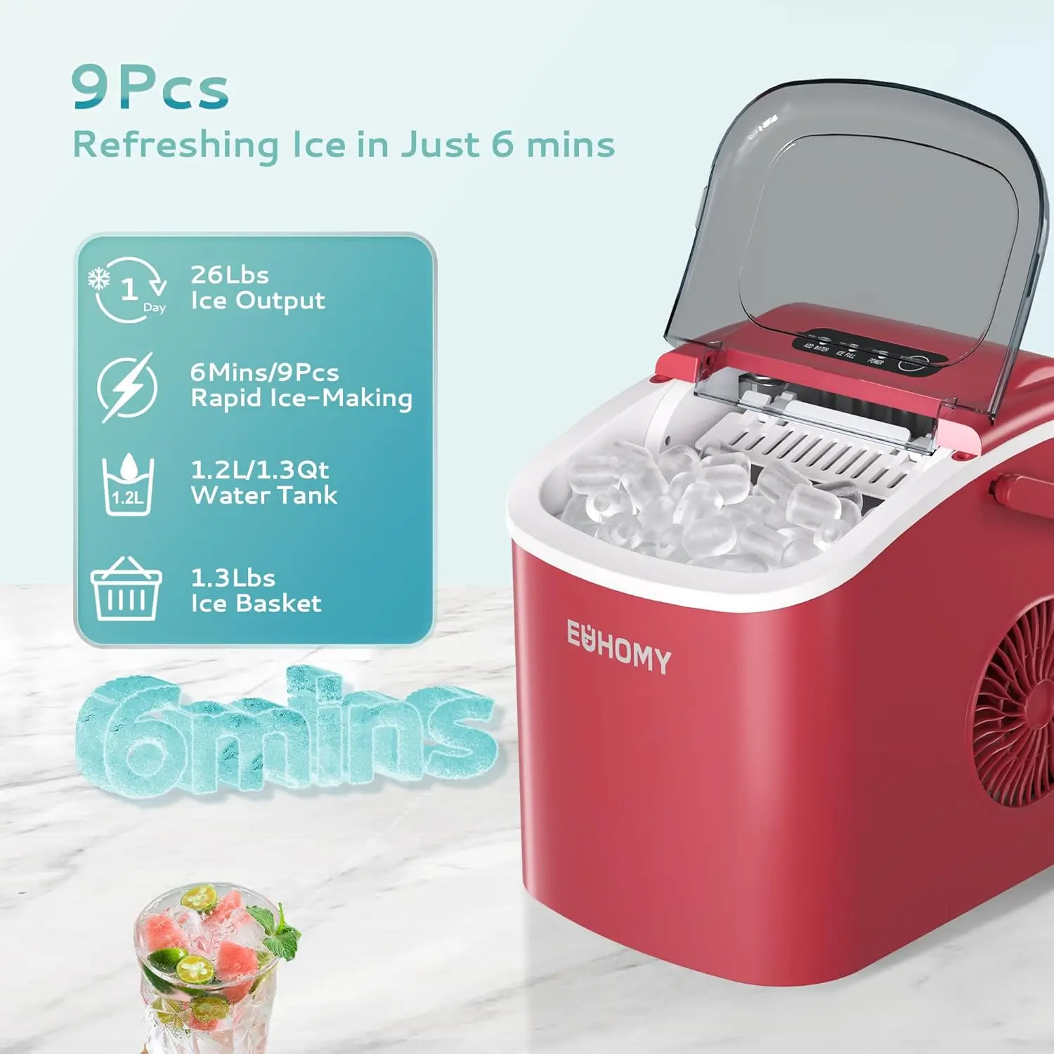 Auto-limpeza máquina de gelo portátil com alça, Ice Maker bancada, 9 Cubos de Gelo Pronto em 6 Mins, 26lbs em 24Hrs