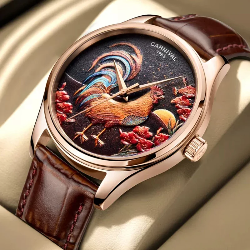 

Carnival Luxury MIYOTA Movement Mechanical Watch Leather Strap Fashion Zodiac Rooster Dial Design Sapphire Glass Mens Watches