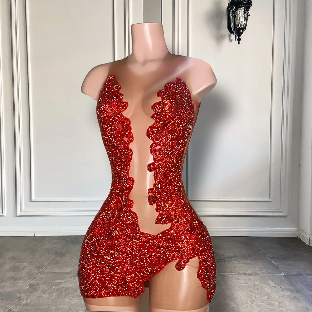 

Sheer Sexy See Through Women Birthday Party Formal Gowns Mini Design Red Sparkly Diamond Black Girls Short Prom Dresses 2025
