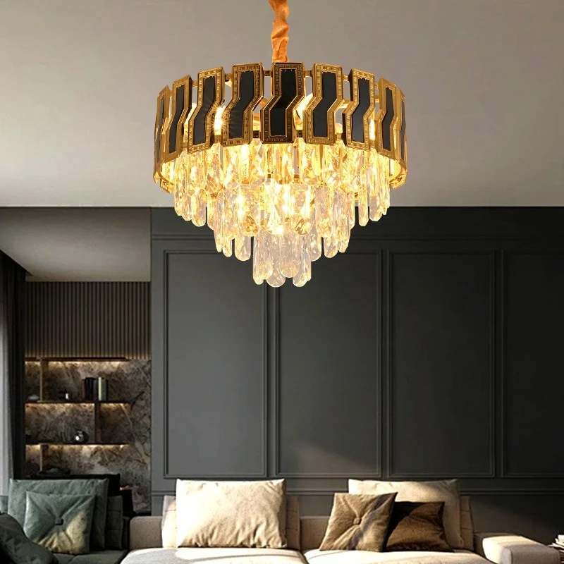 

Retro building living room large chandelier Nordic modern light luxury crystal staircase long chandelier hotel villa restaurant
