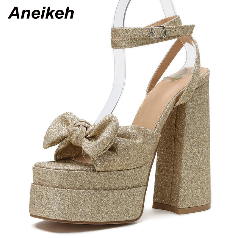 Aneikeh Classics Butterfly-Knot Decoration Women Platform Sandals Fashion Open Toe Ankle Buckle Strap High Heel Wedding Pumps