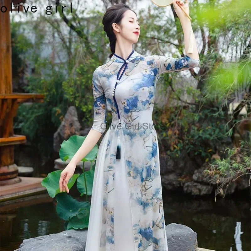 Chinese Qipao Dress Cheongsam Traditional Costume Classical Dance High-end Elegant Dance Clothes Folk Dance Women\'s Clothes