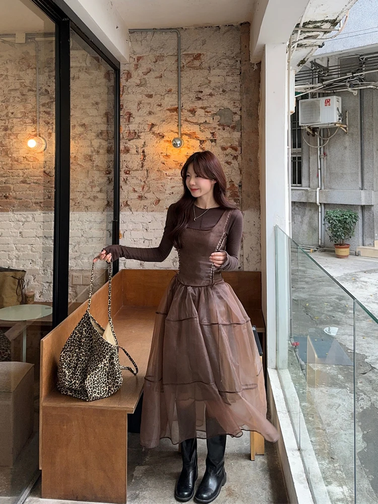 

Fairy Sle Lace Patchwork Puffy Sve T-irt Dr Autumn New Faion Set Women's Casual Wear Medium Thin Long Sve