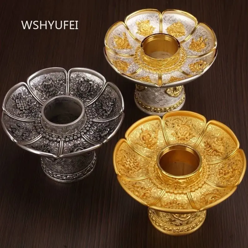 1pc Tibetan Eight Auspicious Symbols Offering Bowl with Lid and Base Gold Plated Alloy Buddhist Altar Supply for Temple Decor