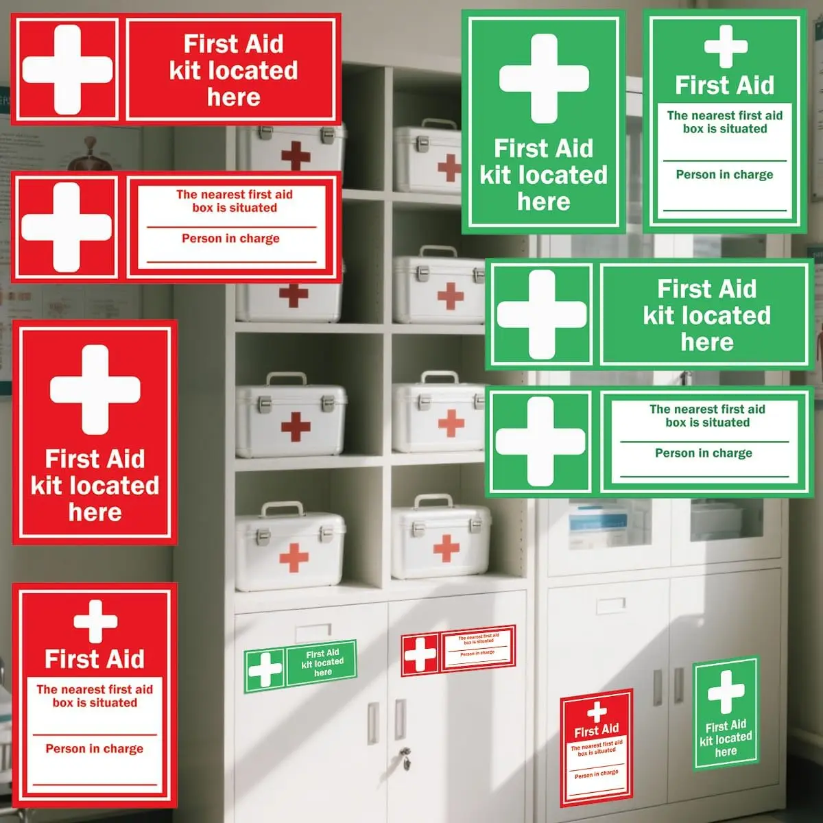 8 Pack First Aid Kit Medical Emergency Sign Health and Safety Signage 4 Set Red and Green Medical First Aid Kit Stickers