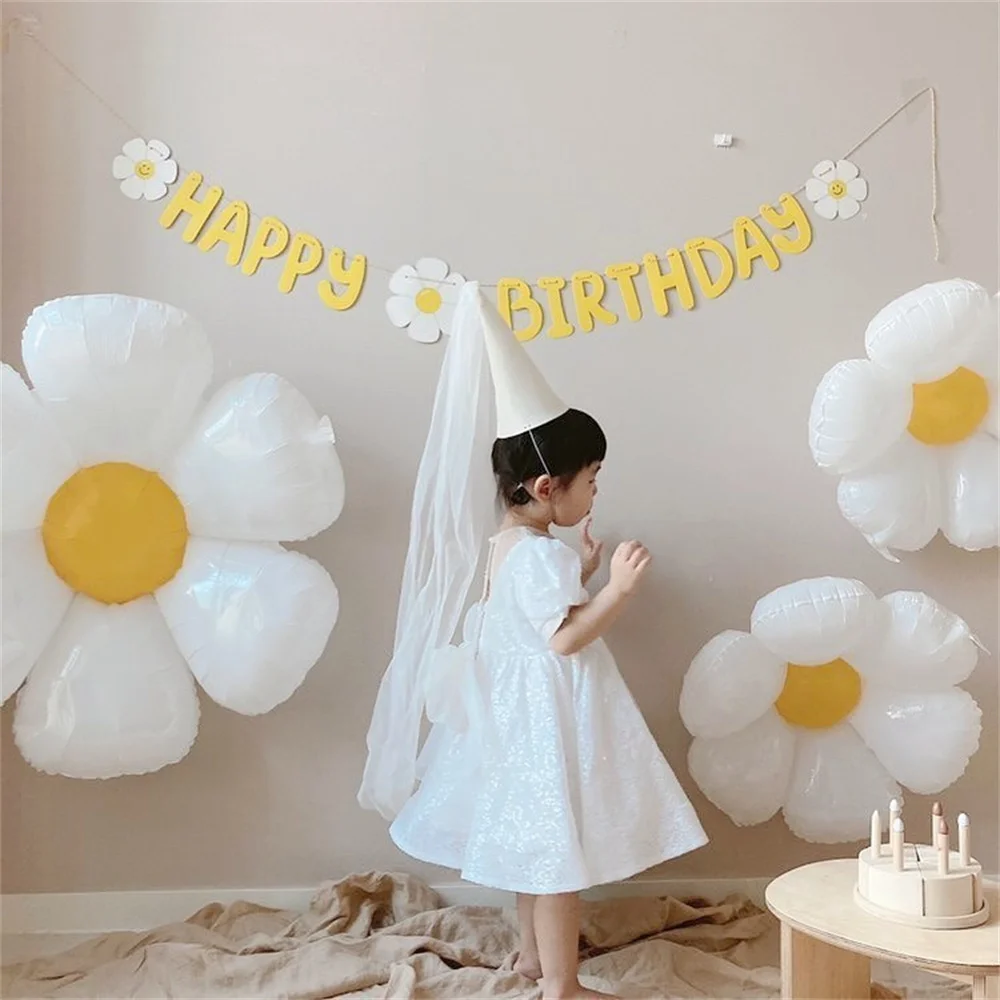 Little Daisy Flower Pull Flag Happy Birthday Party Banner Decorations Baby Shower Kids 1st Birthday Celebration Decor Supplies