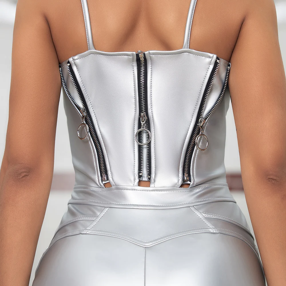 Shascullfites Melody Regular Shiny Silver Leather Catsuits Long Leg Metallic Body Shaper Bodysuit for Women Leather Jumpsuits