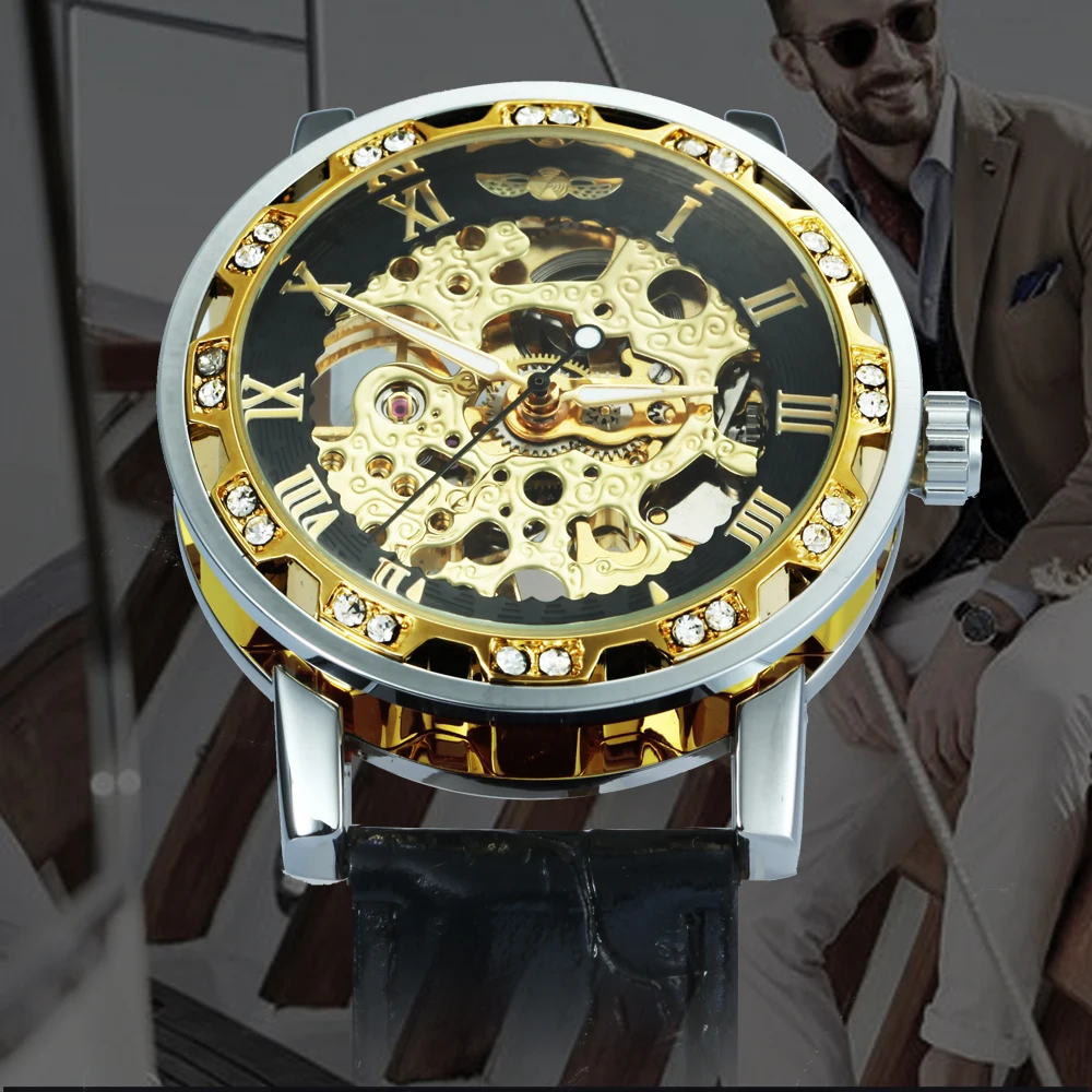 Unisex Classic Skeleton Mens Watch Luxury Diamond Case Gold Mechanical Watches Casual Leather Steel Strap Luminous WINNER Clock