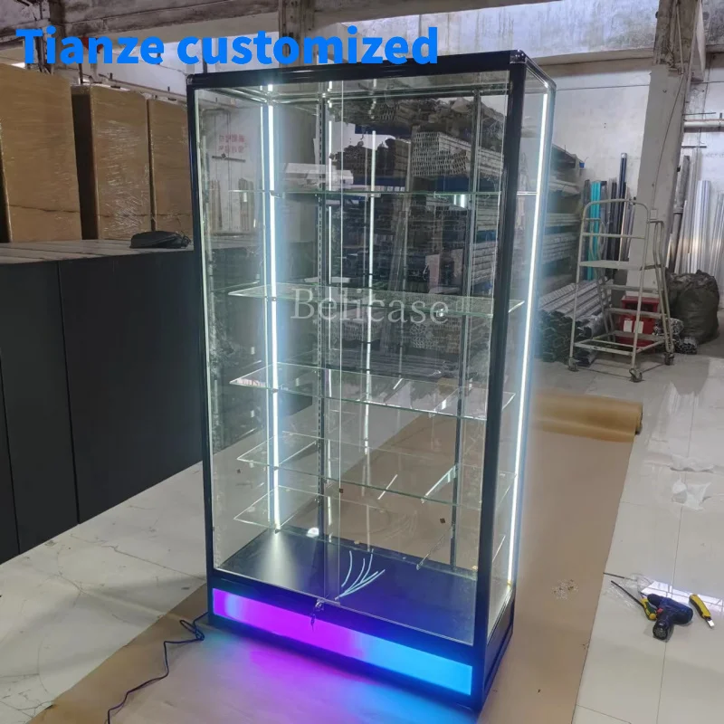 （customized）Smoke Shop Decor Aluminum Frame Showcases with Running Light Glass Display Cabinet Wall Display Smoke Shops