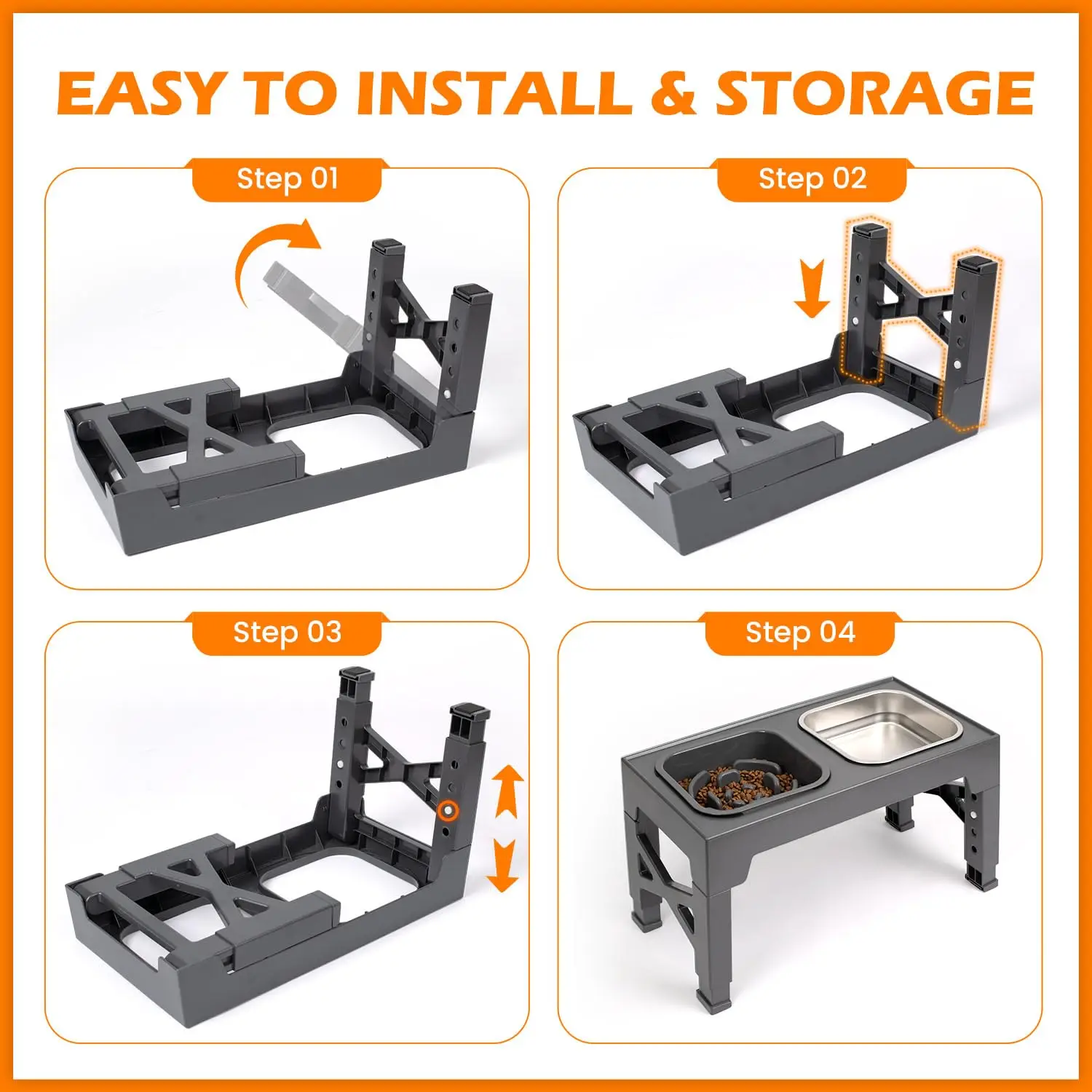 أوعية للكلاب ذات التغذية البطيئة المرتفعة 2 في 1، أوعية من الفولاذ المقاوم للصدأ/البلاستيك/أطعمة الحيوانات الأليفة والمياه مع حامل قابل للطي