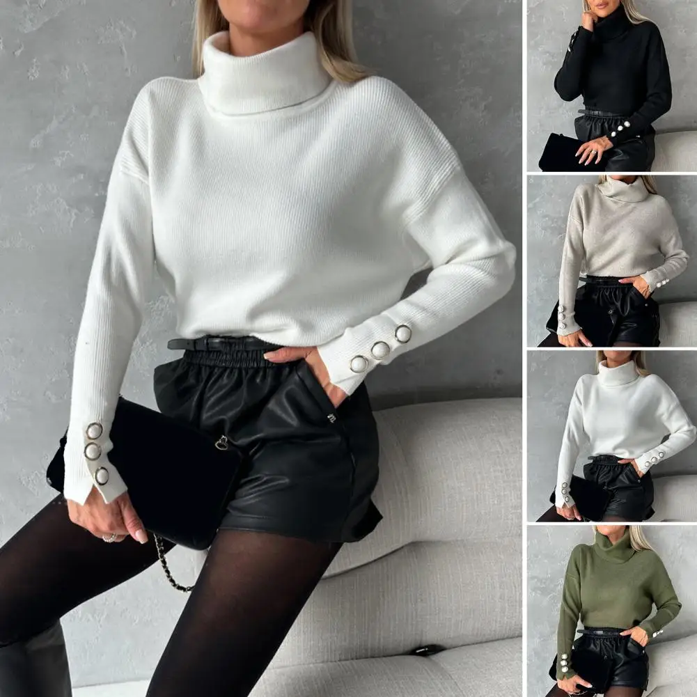 Soft Polyester Sweater Cozy High Collar Knitted Sweater for Women Warm Winter Pullover with Soft Long Sleeves Elastic Loose Fit