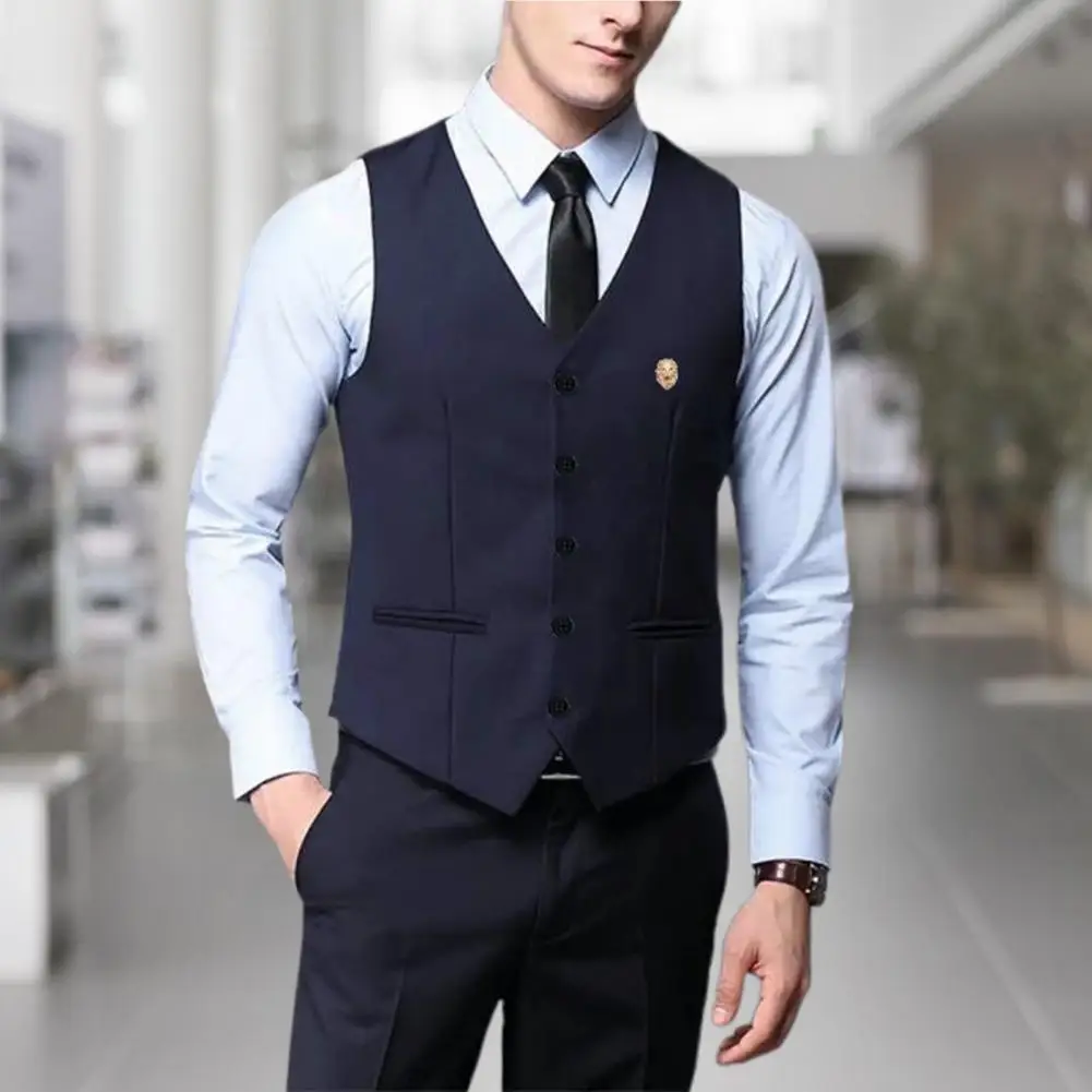 Men Suit Vest Top Slim Fit Solid Color Sleeveless V Neck Single Breasted Formal Waistcoat with Brooch Business Wedding Dress