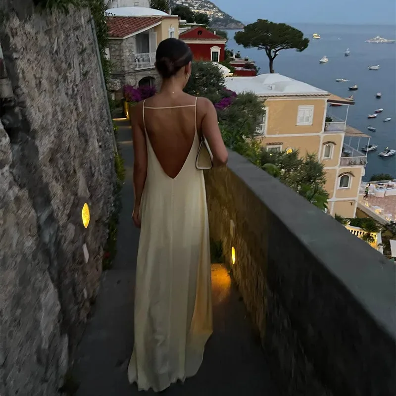 Bonny verão sexy aberto de volta sem mangas deslizamento maxi vestido cortar clube vestidos de festa férias roupas elegantes cetim vestido