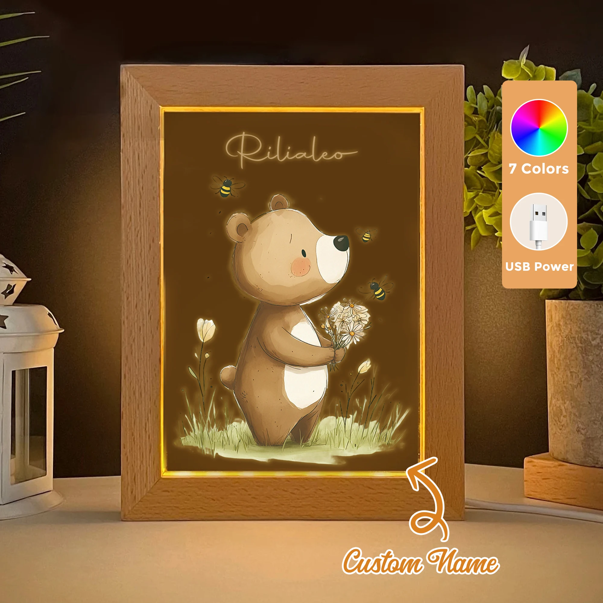 

2D Flat Custom Name Teddy Bear LED Acrylic Night Light Wood Photo Frame 21x17cm Cartoon Children Bedroom Gifts Home Decor
